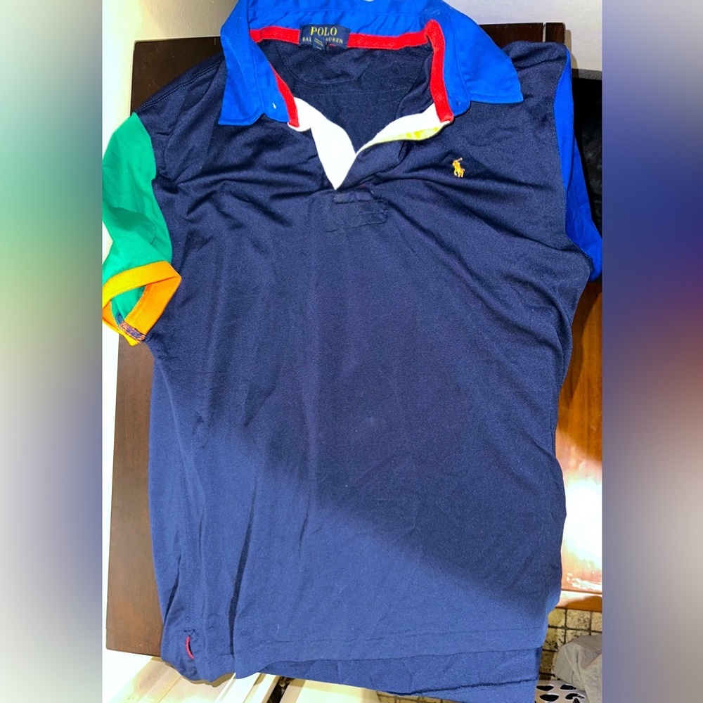 Polo blue polo with multi colored sleeves EUC boys XL